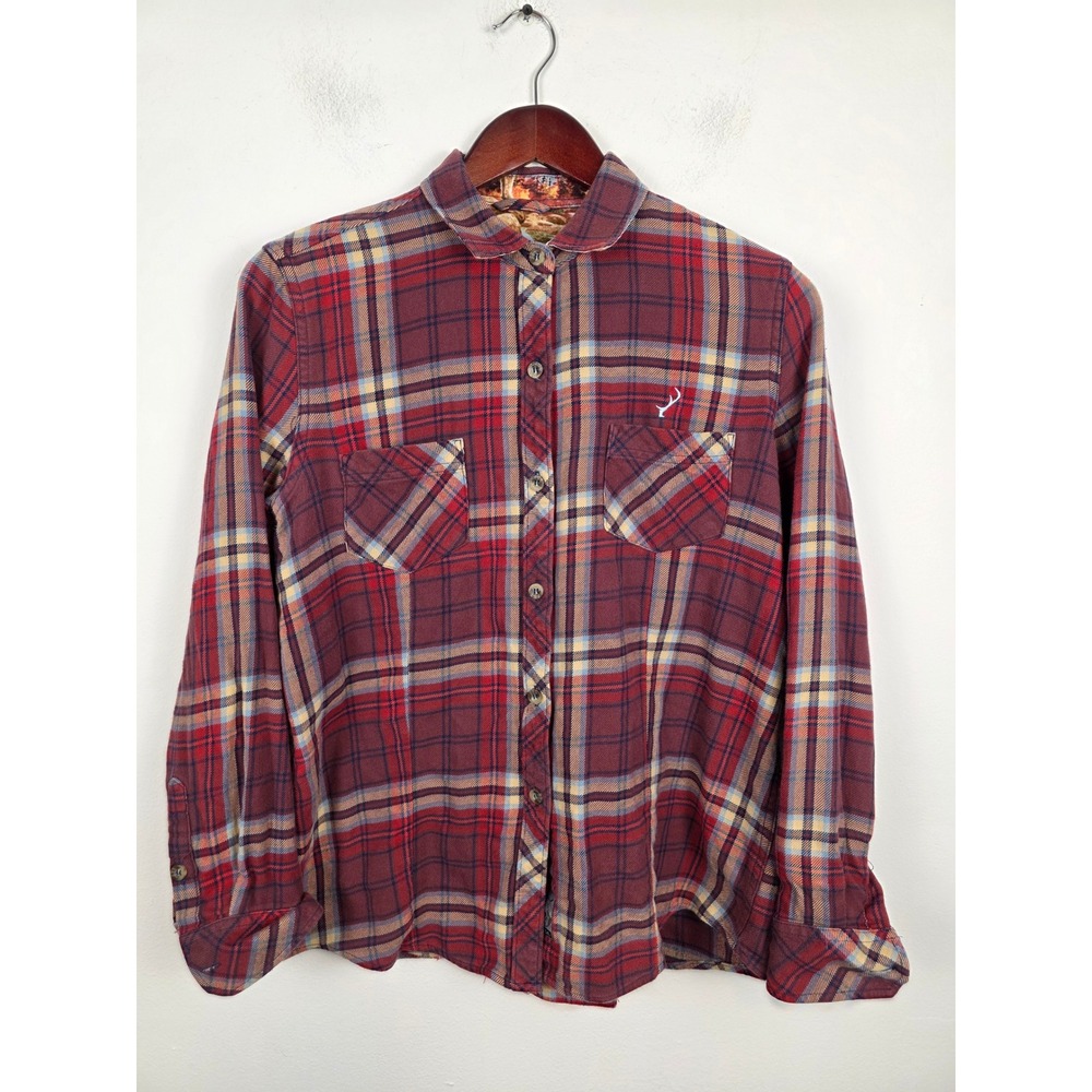 Pladra Womens Flannel Shirt Medium Red Blue Plaid Cotton Made in USA Button Down